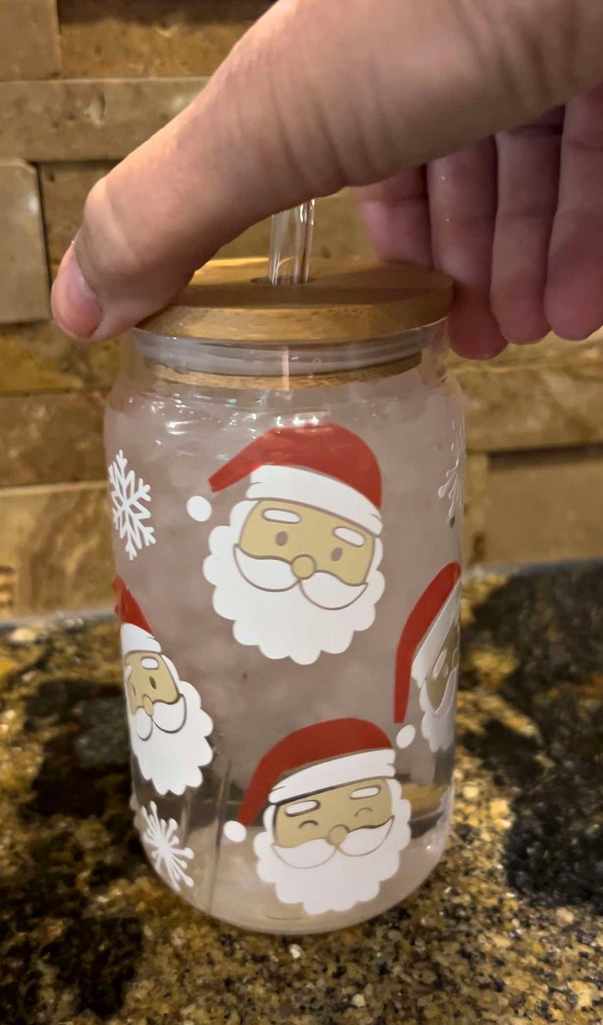 16 oz Color Changing Christmas Santa Glass Cup with Bamboo Lid - Pint Beer Glass - Color Changing Vinyl Cup - Gift