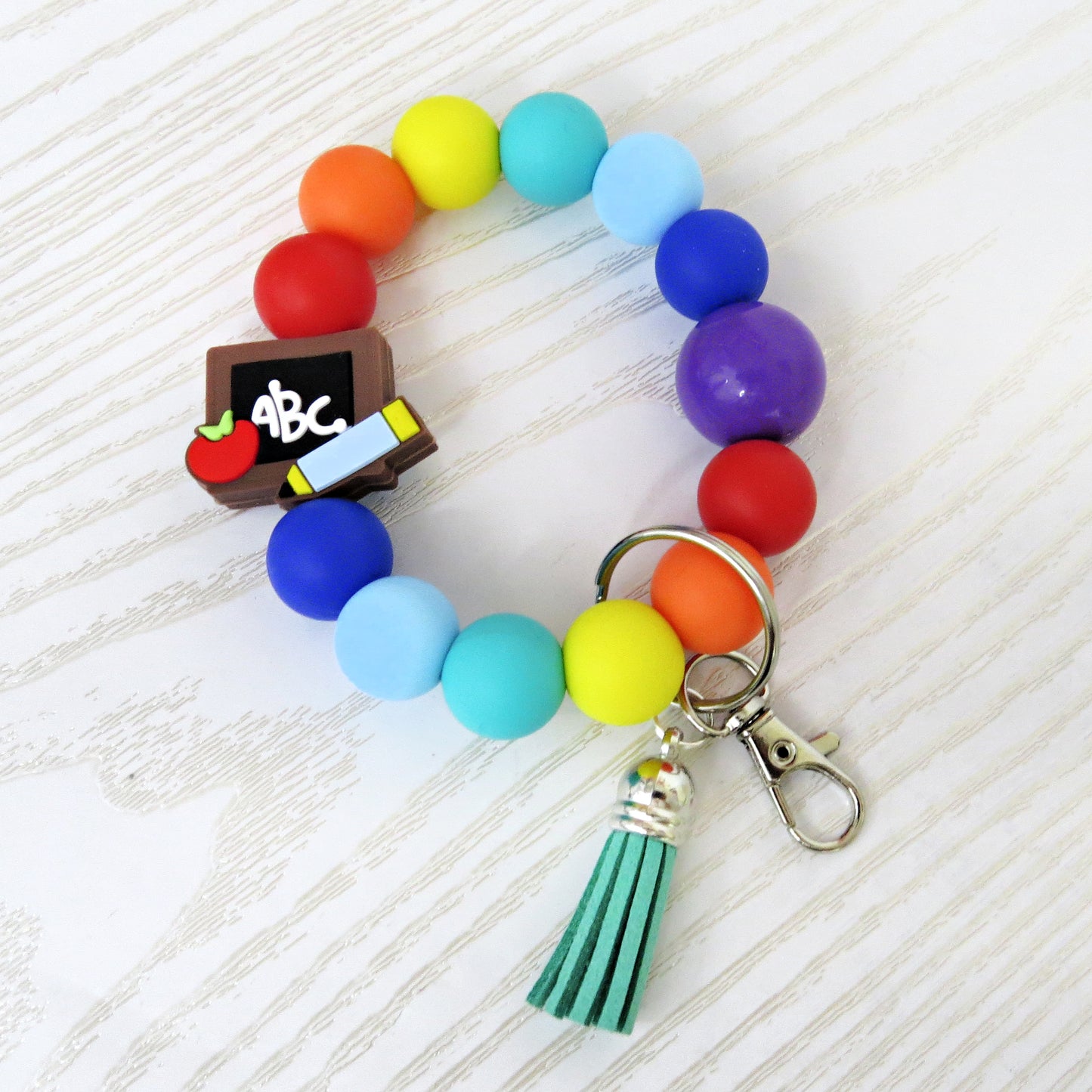 Teacher Wristlet Keychain – Handmade Silicone Beaded Bracelet with Tassel – ABC Letter Key Ring – Teacher Appreciation Gift