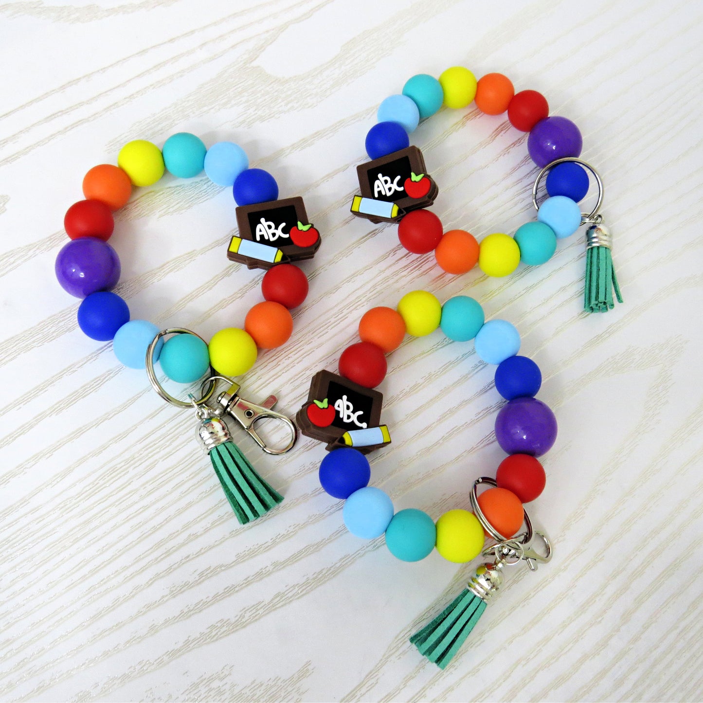 Teacher Wristlet Keychain – Handmade Silicone Beaded Bracelet with Tassel – ABC Letter Key Ring – Teacher Appreciation Gift