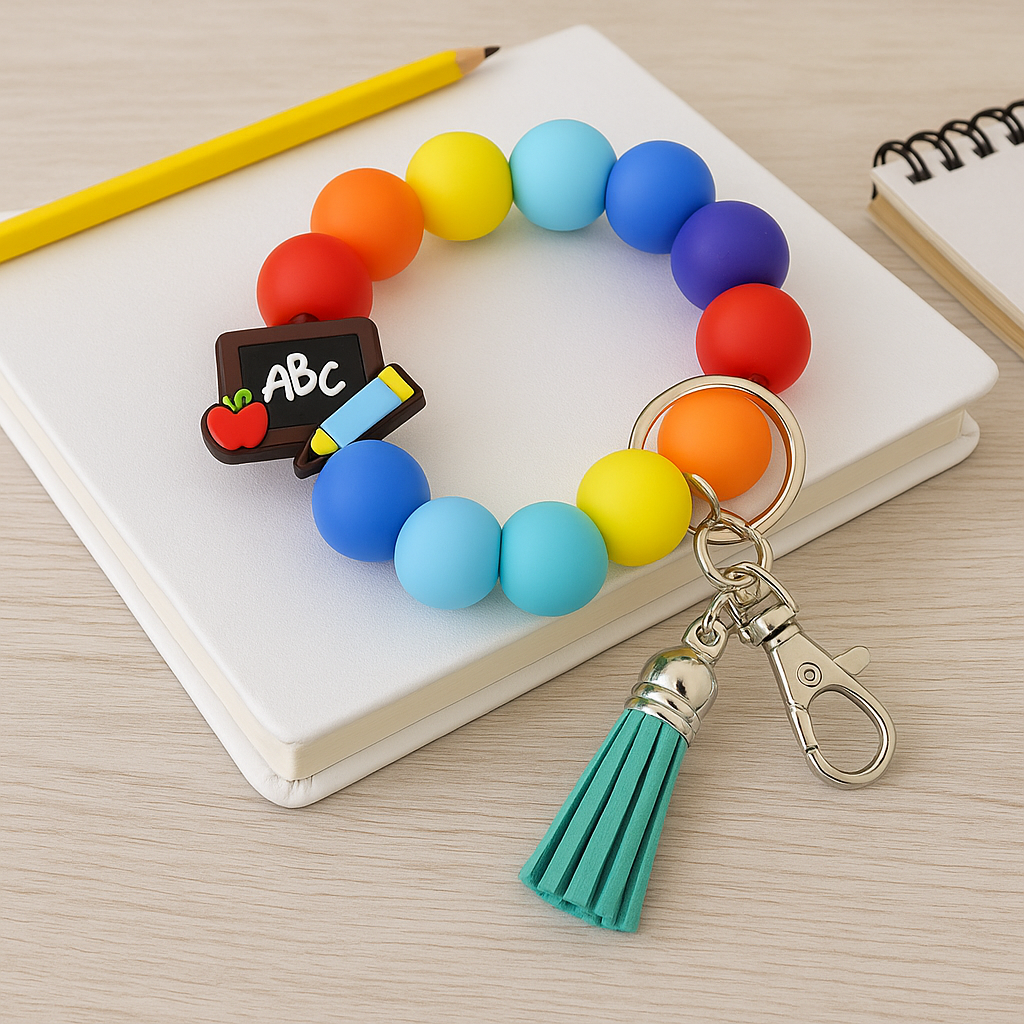 Teacher Wristlet Keychain – Handmade Silicone Beaded Bracelet with Tassel – ABC Letter Key Ring – Teacher Appreciation Gift