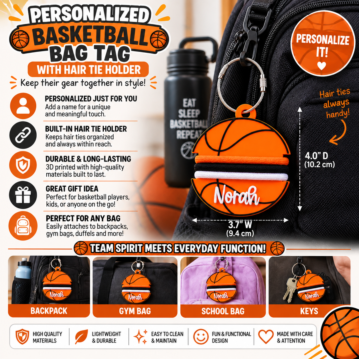 Personalized Basketball Bag Tag with Hair Tie Holder — Custom Name Keychain for Athletes