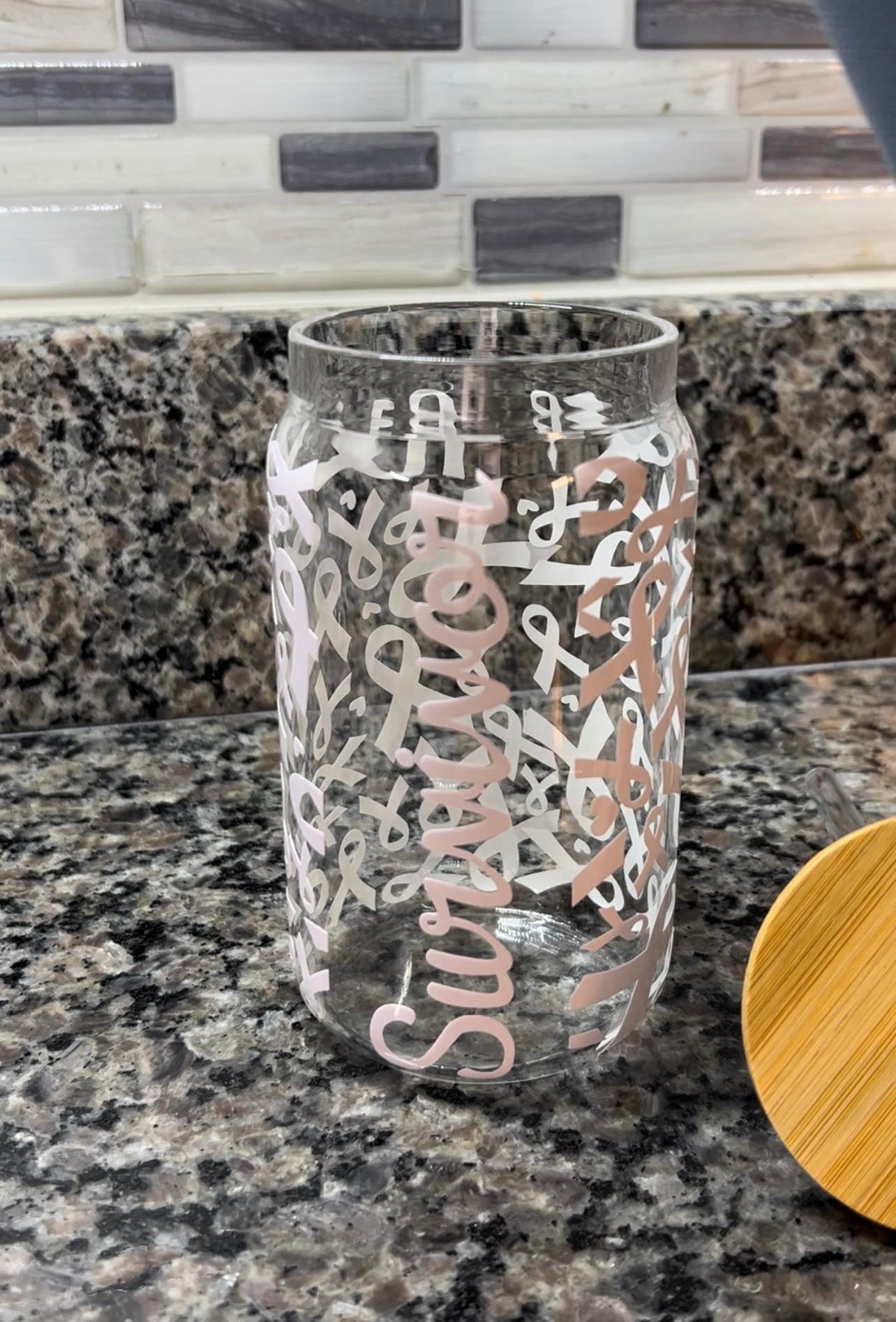 16 oz Breast Cancer Glass Cup with Bamboo Lid - Pint Beer Glass - Color Changing Vinyl - Survivor
