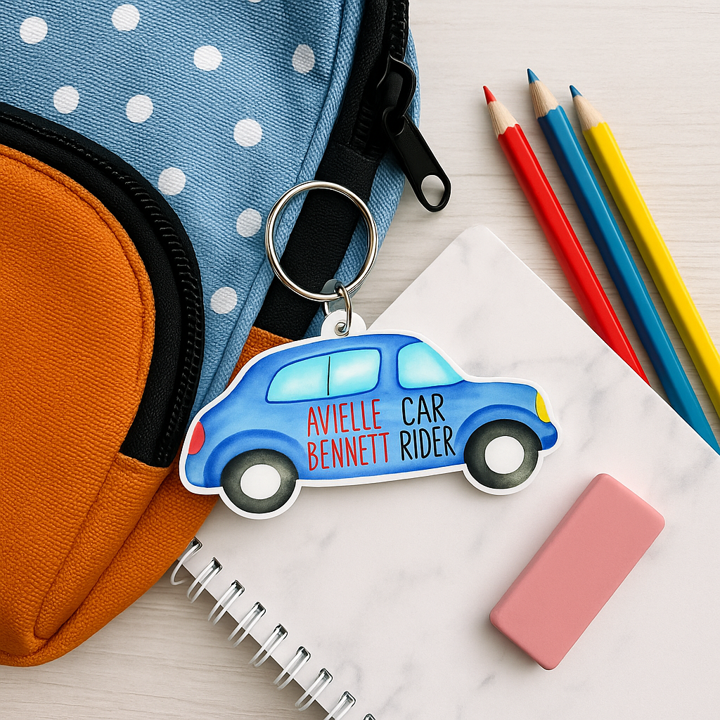 Custom Car Rider Tag for School Pick-Up – Personalized Name Keychain for Backpack, Bag, or Rearview Mirror – Back to School ID Sign – End of Year Student Gift