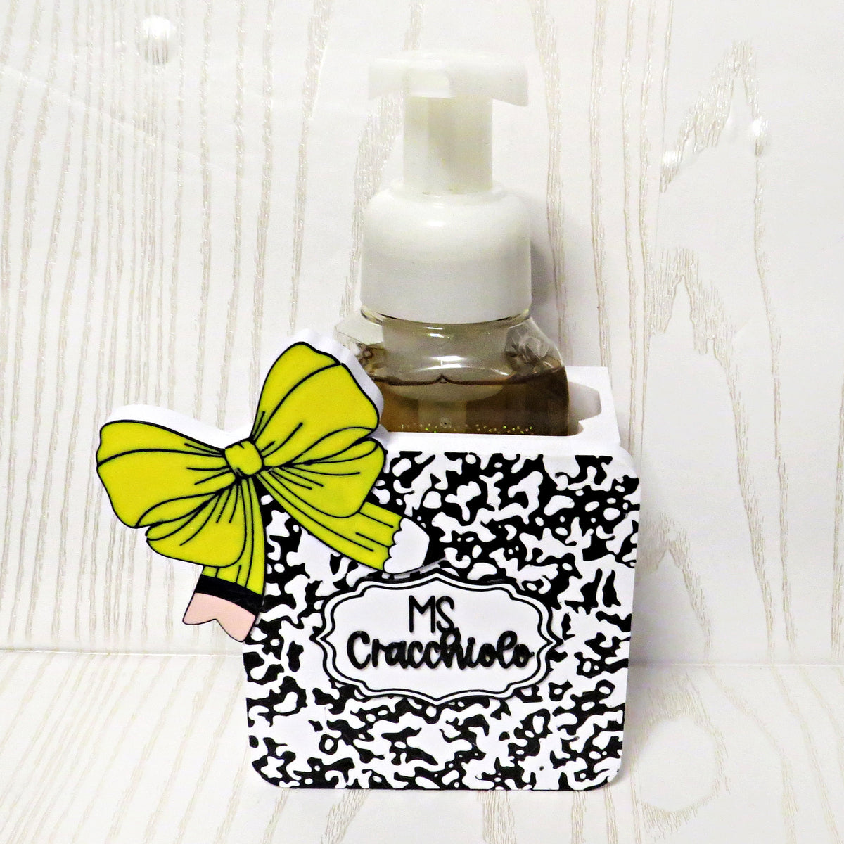 Personalized Teacher Composition Notebook Foaming Soap Holder – Cute 3D Printed Black White Marble Notebook with Custom Name – Bath and Body Works Foaming Soap Dispenser Stand – Teacher Appreciation Classroom Sink Decor – End of Year Back to School Gift