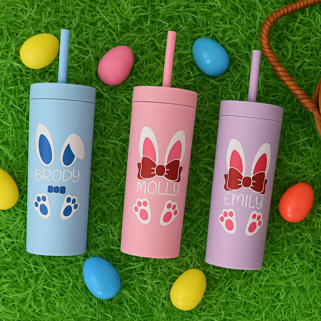 Personalized Easter Bunny Tumbler with Straw – Custom Name Cup for Kids