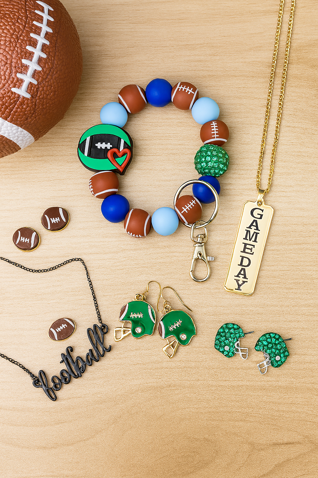 Football Beaded Wristlet with Green Bling Accent and Heart Charm – Game Day Keychain Bracelet for Moms & Fans
