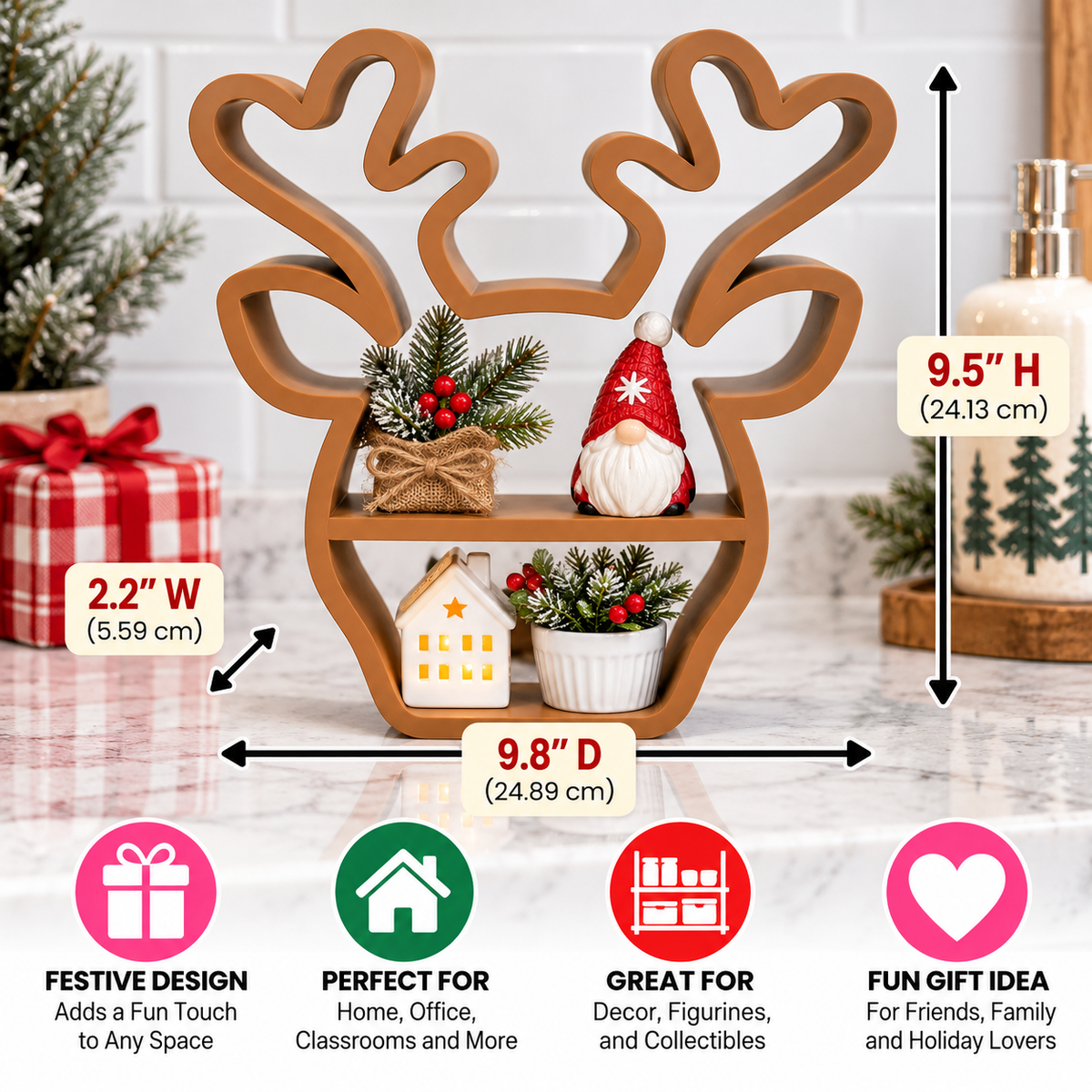 Brown Mini Reindeer Shelf — Freestanding Antler Display Stand for Trinkets, Plants and Holiday Decor