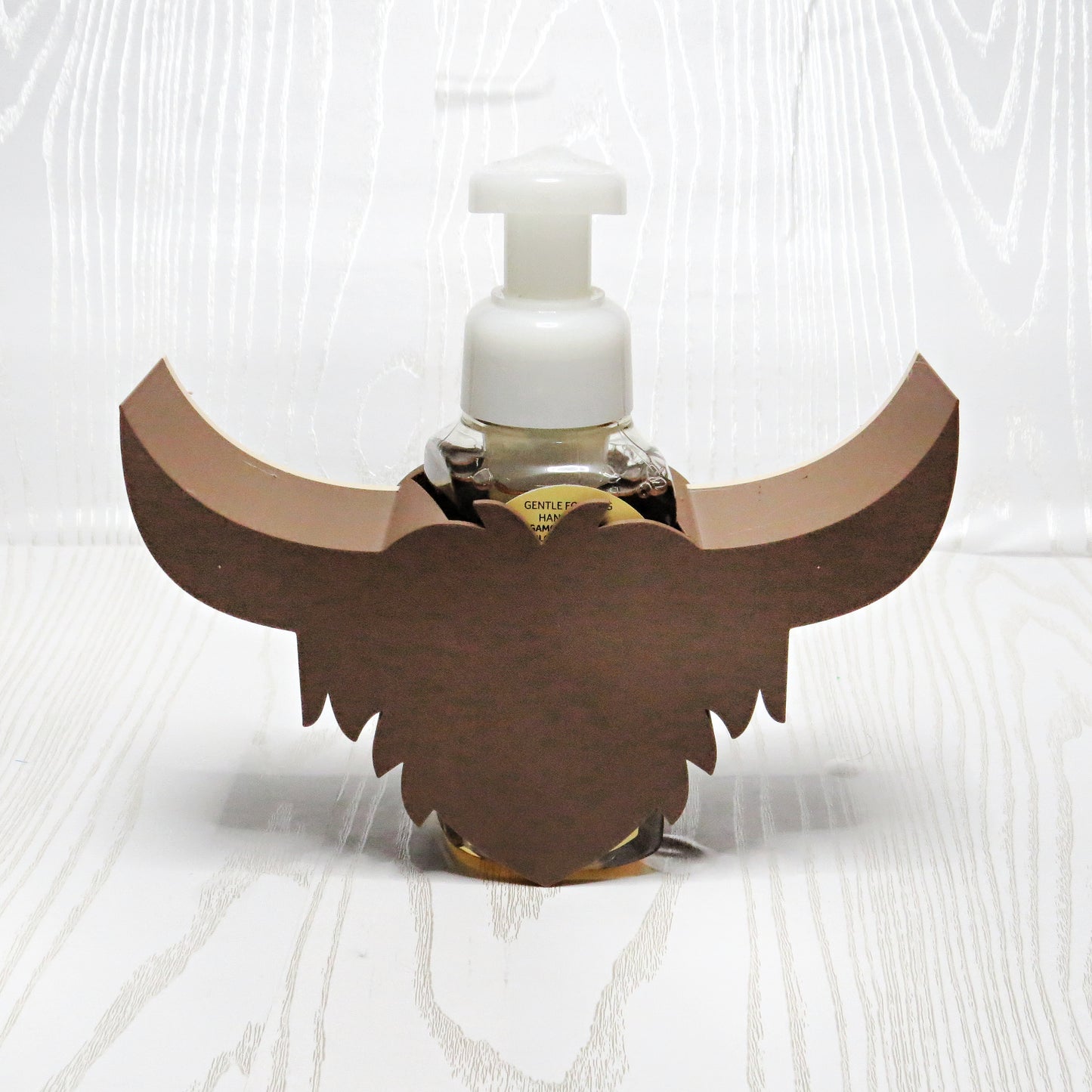 Highland Cow Foaming Soap Holder - Cute Farmhouse Bathroom Counter Decor - lifestyle with soap bottle inserted