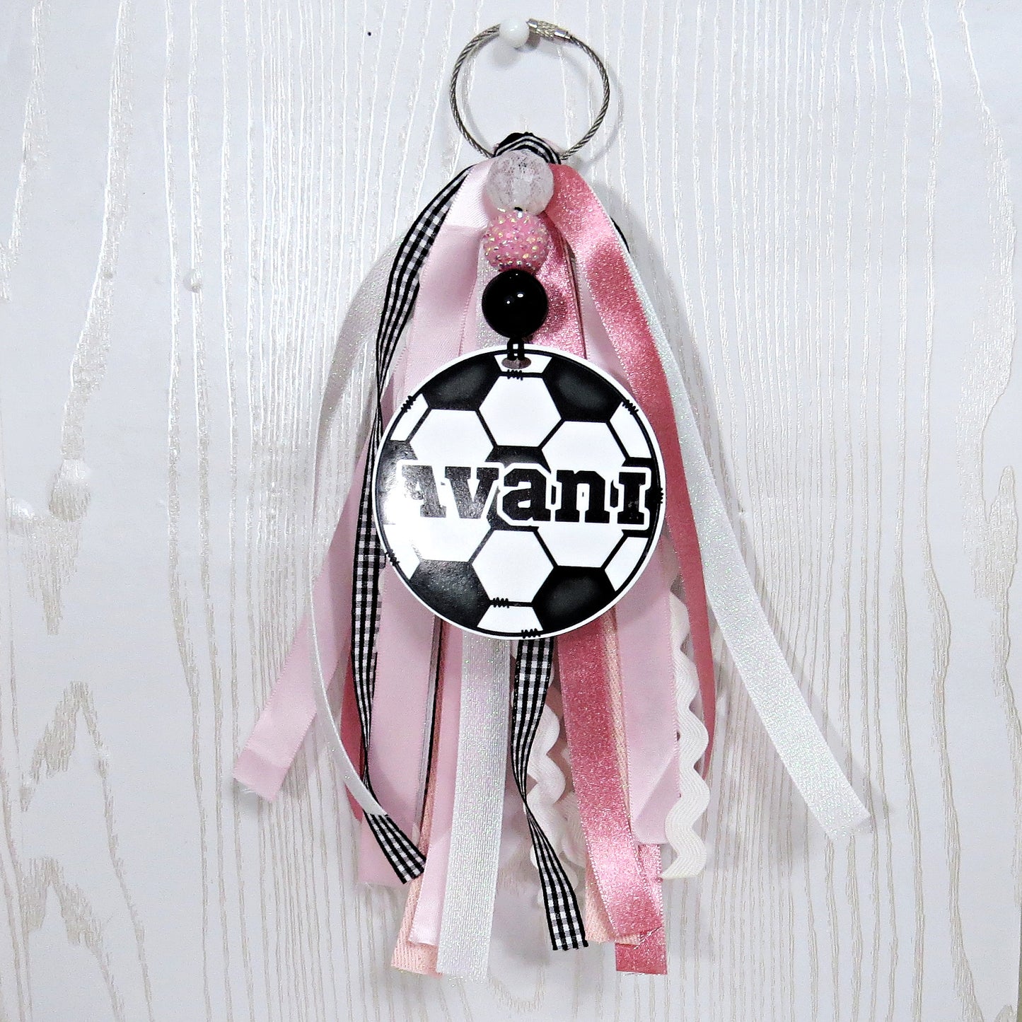 Personalized Soccer Ribbon Beads Bag Tag with Name for Backpack Sports Bag - Acrylic Custom Futbol Identification Gift Kids