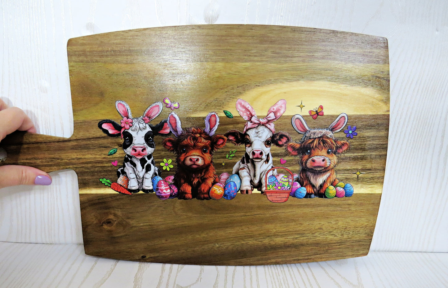 Easter Highland Cows Decorative Cutting Board for Kitchen with Handle - Wooden Décor Home - 17 x 10 inches