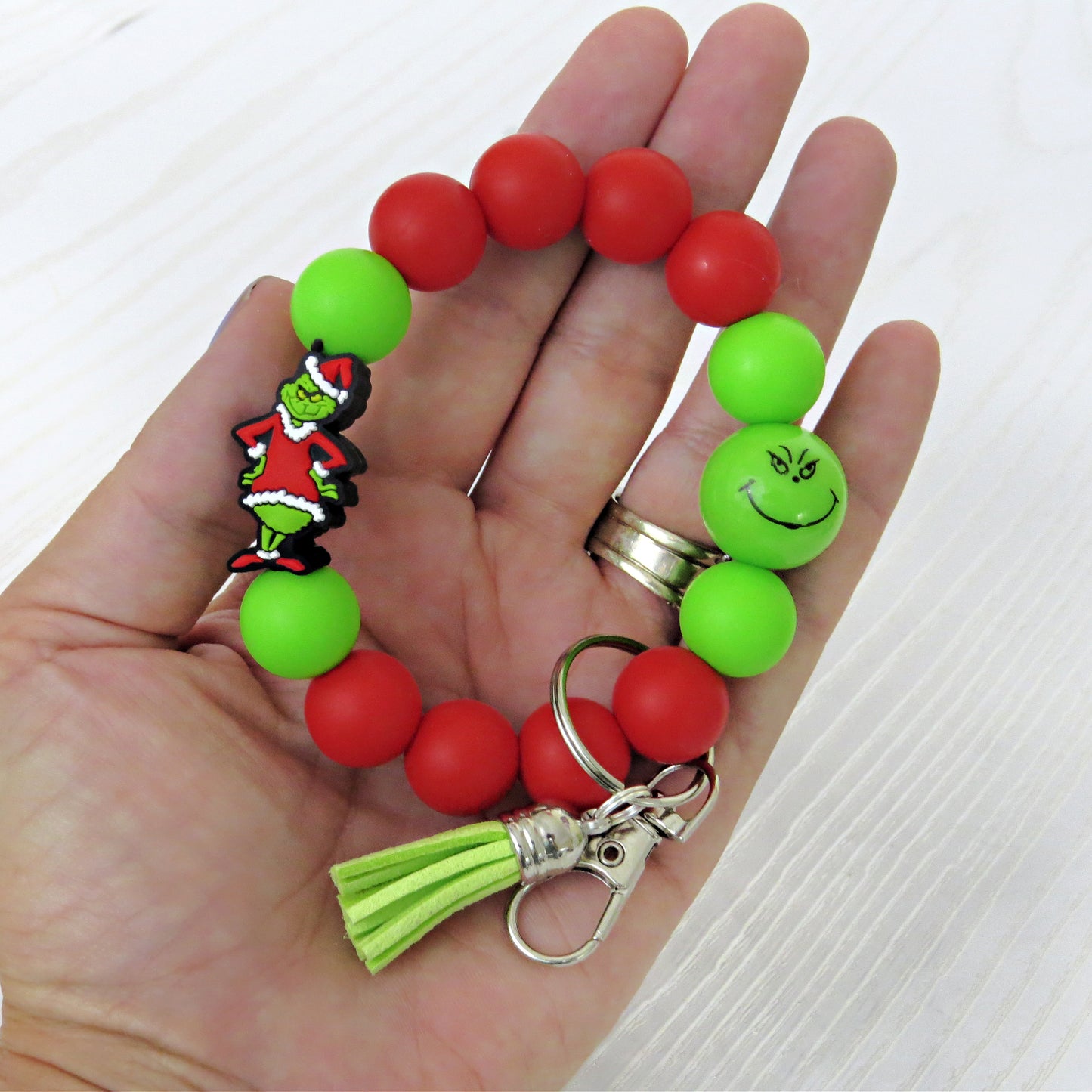 Christmas Beaded Wristlet Keychain – Red & Green Silicone Bracelet with Green Character Charm