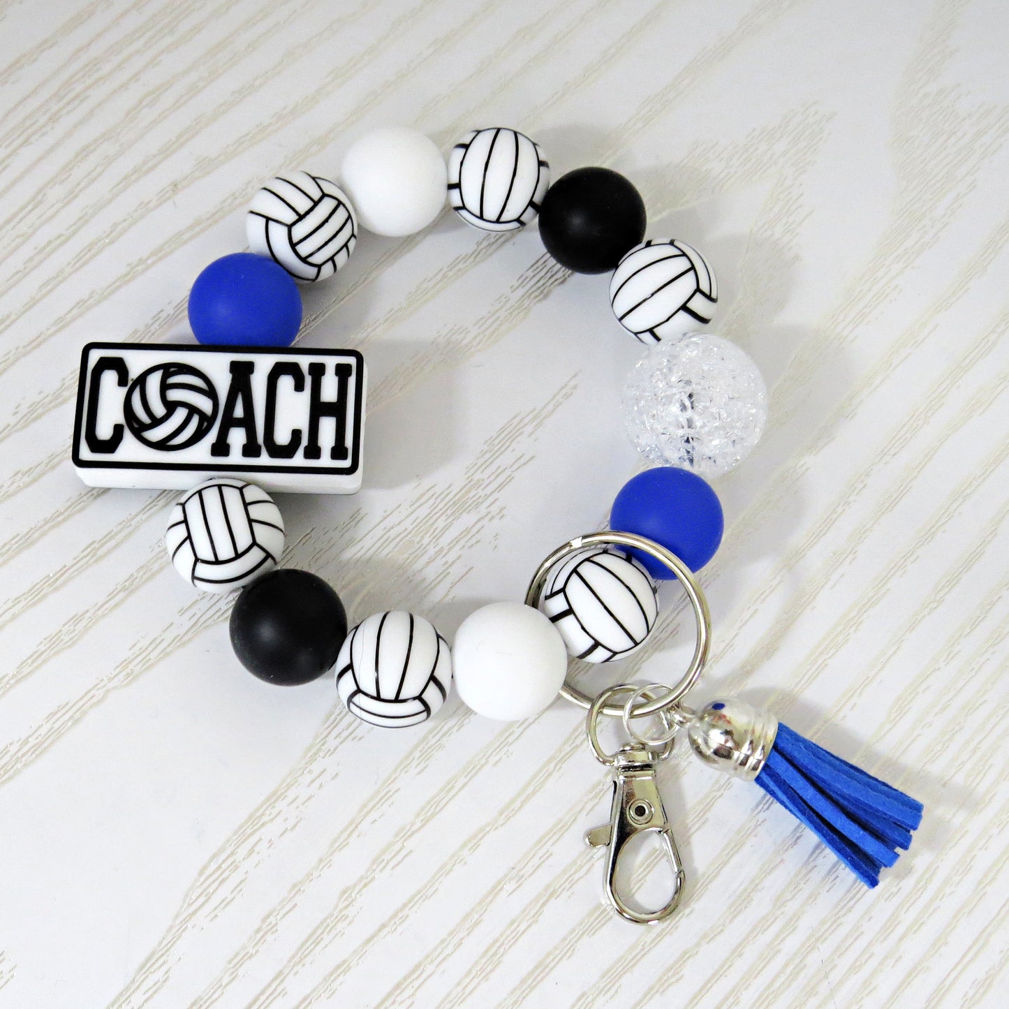 Volleyball Coach Silicone Keychain Beaded Wristlet - Custom Color Car Key Ring Bracelet with Tassel - Handmade Gift for Team Moms, Players & Fans