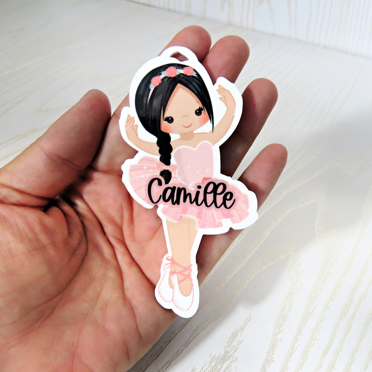 Ballerina Ballet Bag Tag Personalized with Name - Young Dancer Bag Name Tag - Pointe Keychain Ballerina Shoes - Blond Red Black Brown Brunette Hair