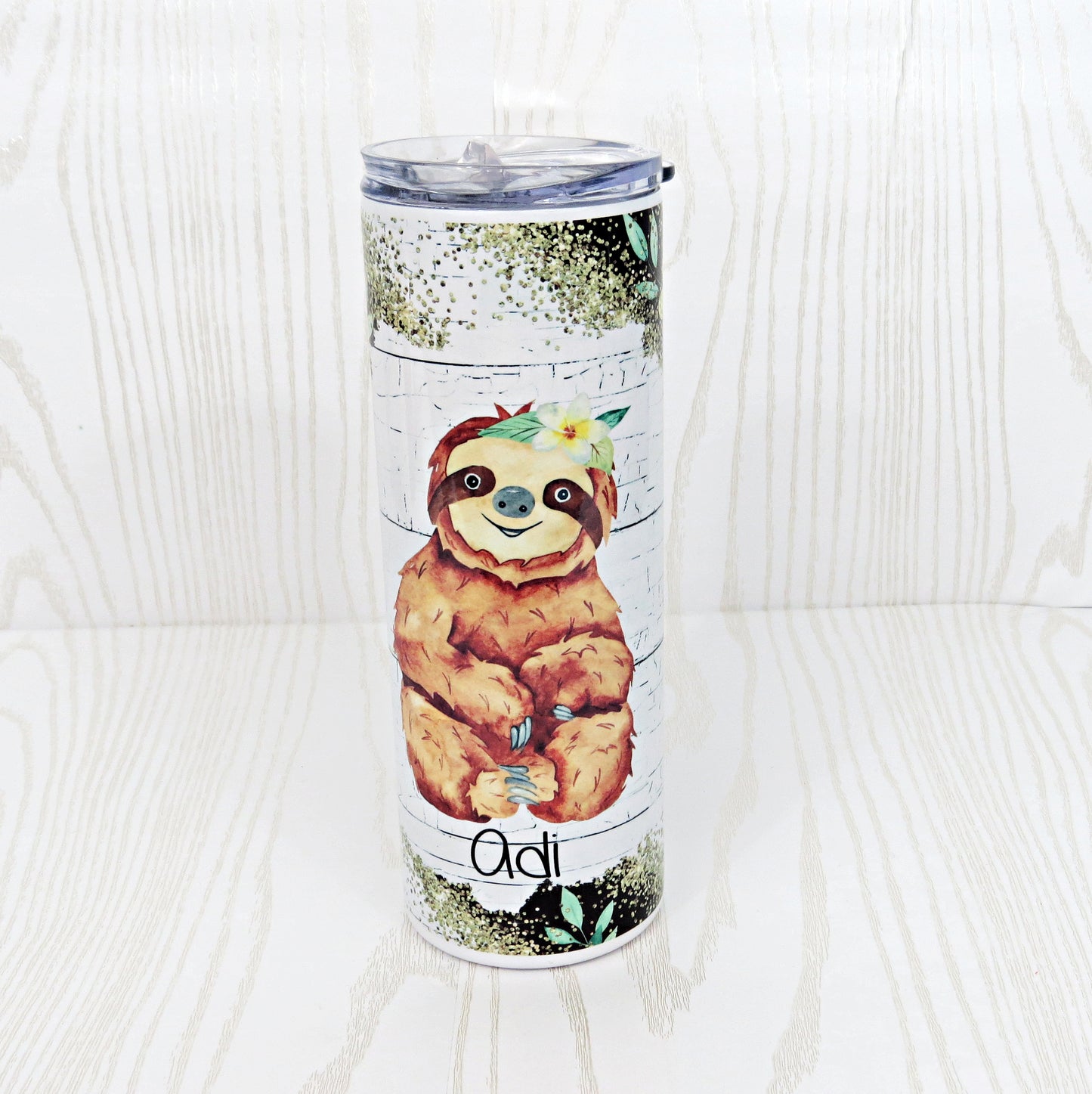 20 oz Stainless Steel Skinny Tumbler Sloth Cute Animal - Personalized Custom with Name - Coffee Travel Mug- Straw & Lid