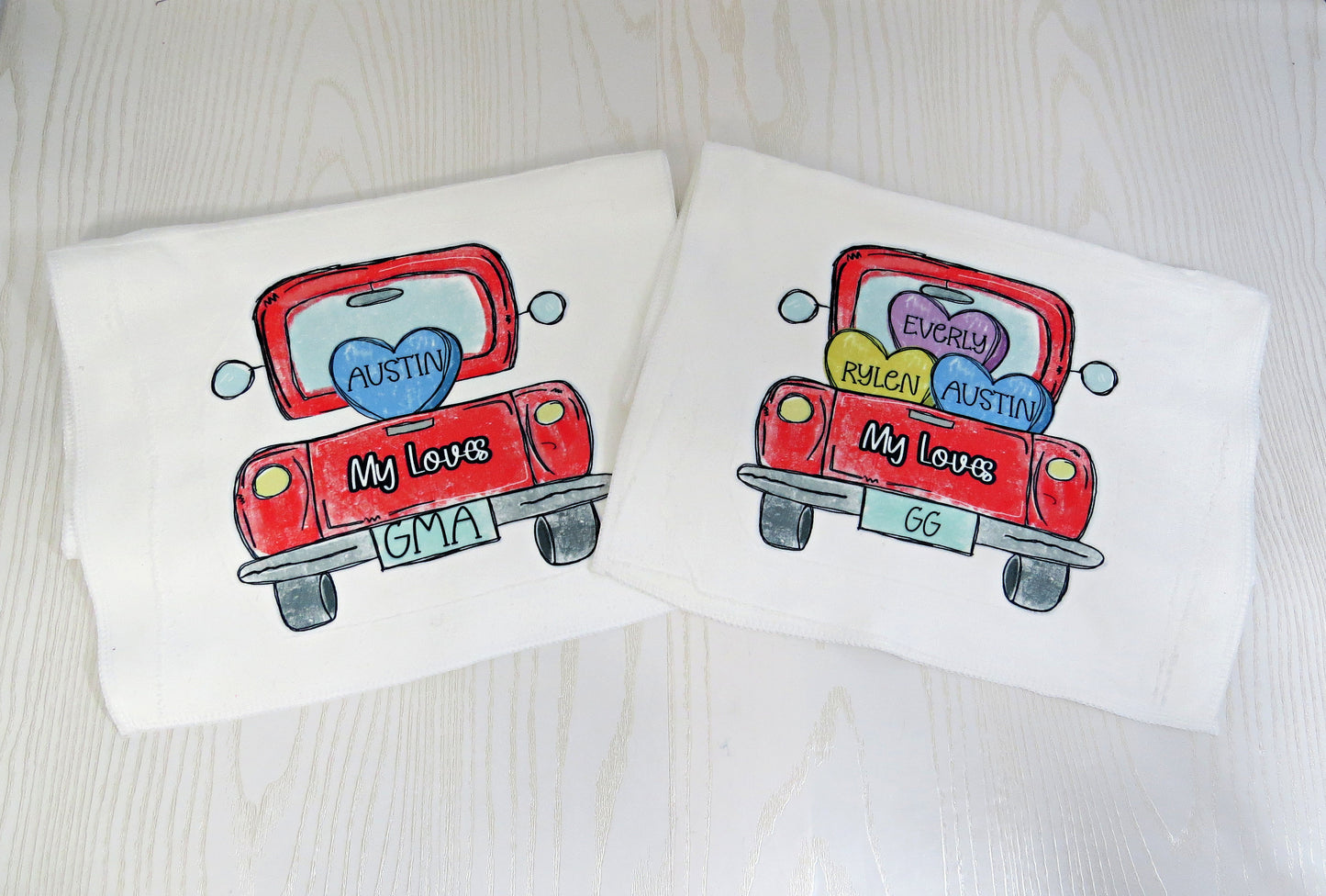 Personalized Truck Valentines Day Fleece Kitchen Towel with Kids Names - Mothers Day Personalized Mom Gift - Gifts for Grandma