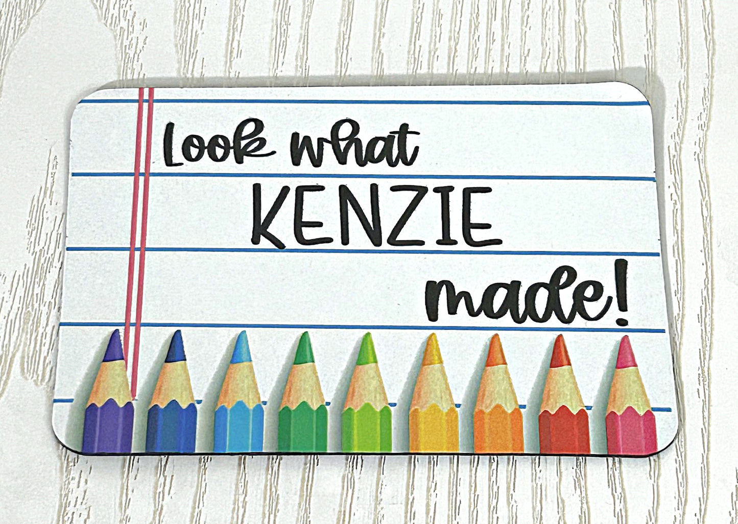 Kenzie's Boutique Handmade Look What I Made Magnet - Personalized Colored Pencils Kids Hanging Artwork Hanger - Custom Refrigerator Fridge Art Display Holder Sign Magnetic Bar - At School - Decorative Signage
