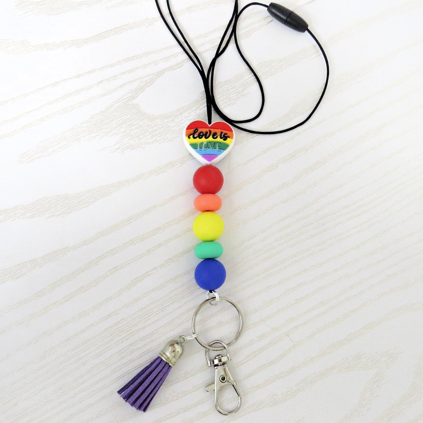 Love is Love Pride Lanyard - Rainbow Stylish Cute Beaded Design - Breakaway Clasp for ID Badges and Keys