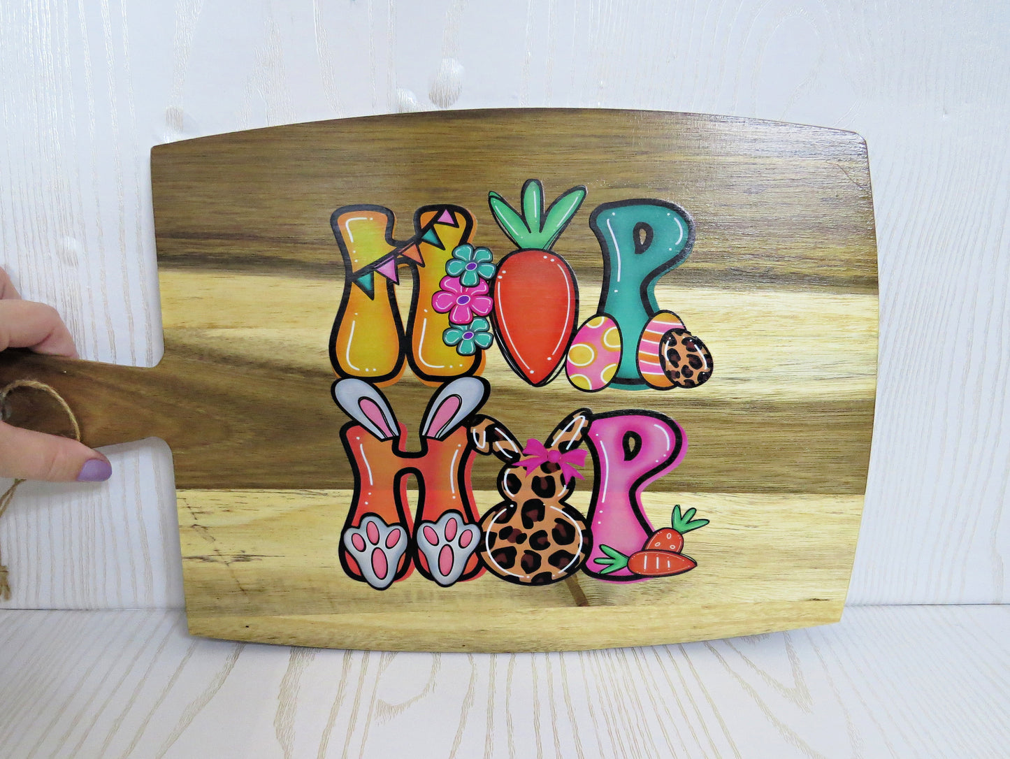 Easter Bunny Hip Hop Decorative Cutting Board for Kitchen with Handle - Wooden Décor Home - 17 x 10 inches