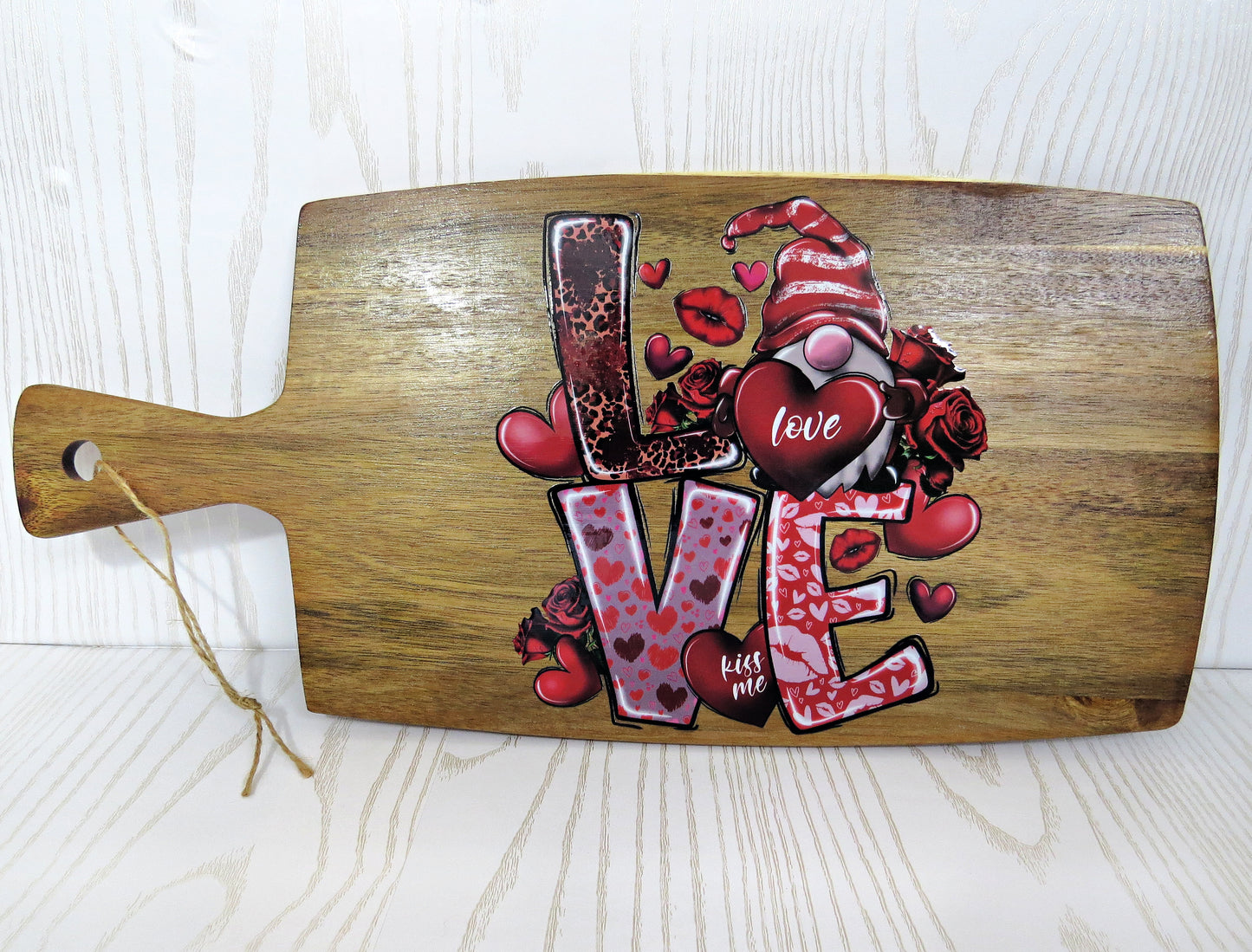 Valentine's Day Decorative Gnome LOVE Cutting Board for Kitchen with Handle - Wooden Décor Home - 17 x 10 inches