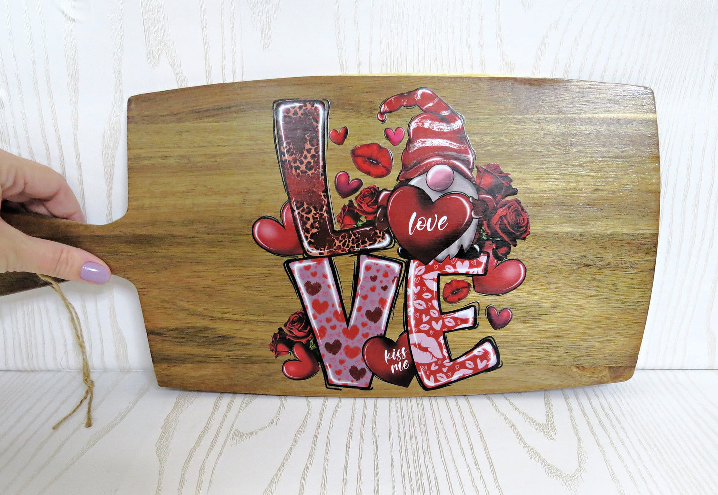 Valentine's Day Decorative Gnome LOVE Cutting Board for Kitchen with Handle - Wooden Décor Home - 17 x 10 inches