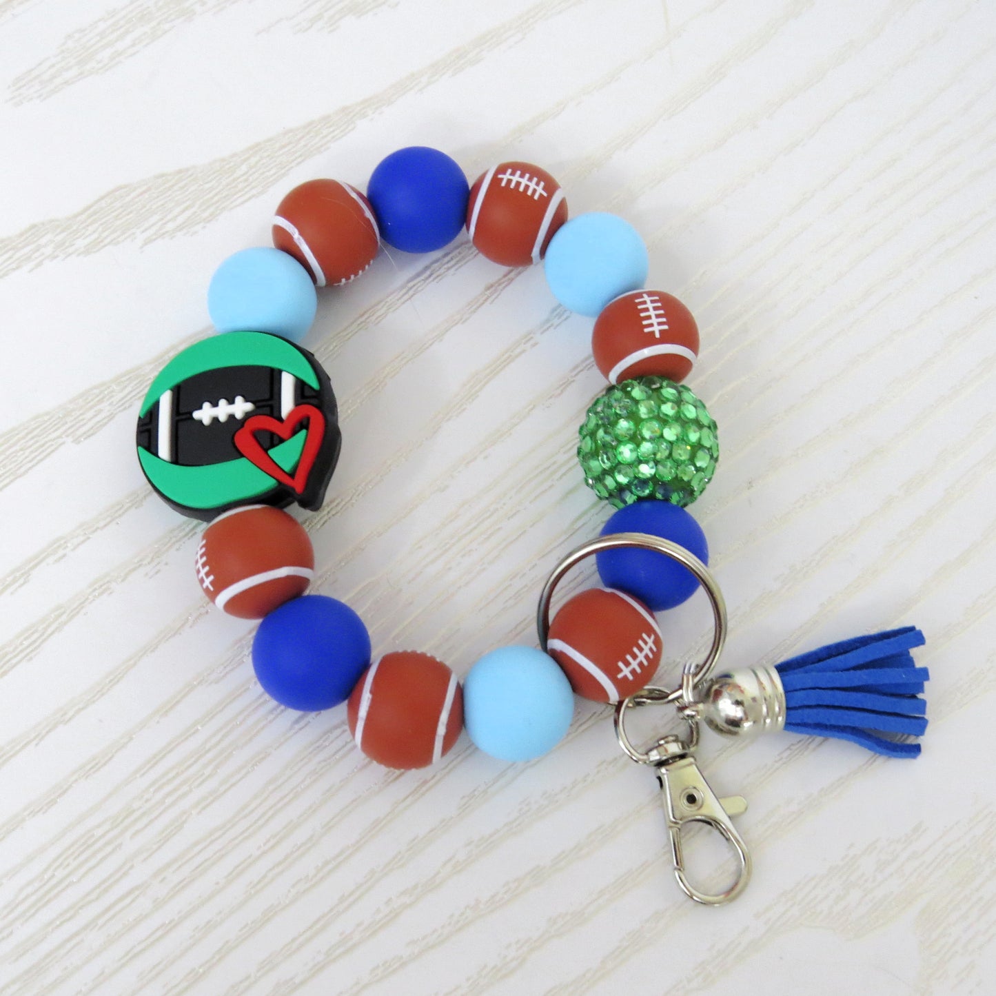 Football Beaded Wristlet with Green Bling Accent and Heart Charm – Game Day Keychain Bracelet for Moms & Fans