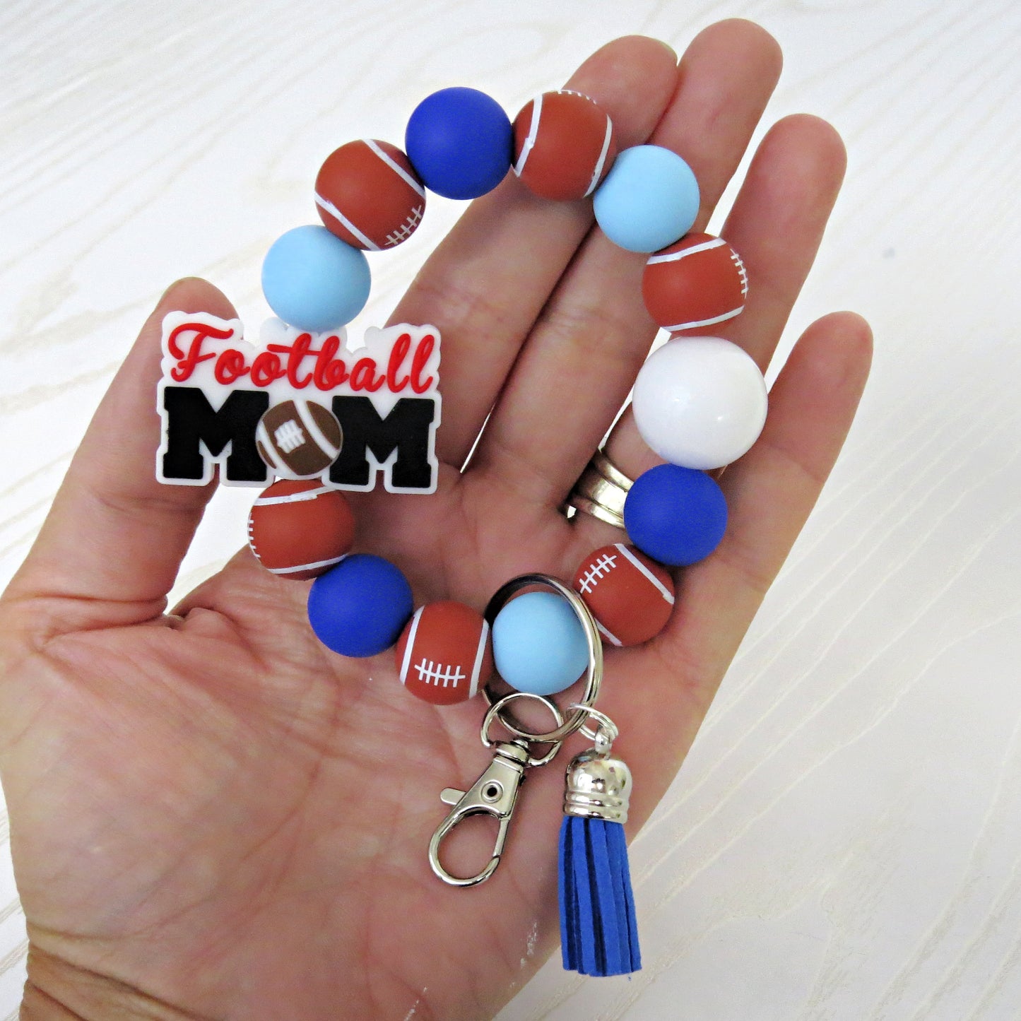 Football Mom Game Day Beaded Keychain Bracelet with Tassel - close-up of hardware detail