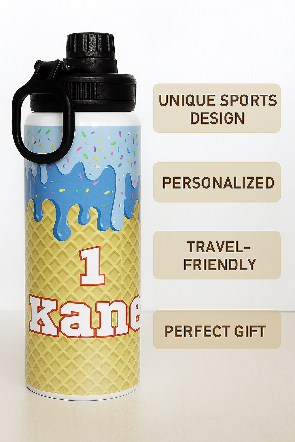 Custom 32 oz Baseball Ice Cream Water Bottle with Sprinkles – Personalized Sports Drip Design for Kids – Custom Name Gift