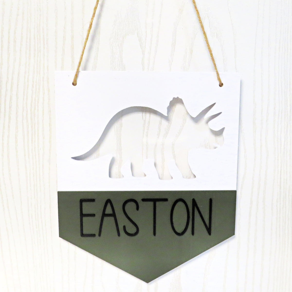 Personalized Dinosaur Name Sign — Custom Triceratops Pendant for Boys Room or Nursery