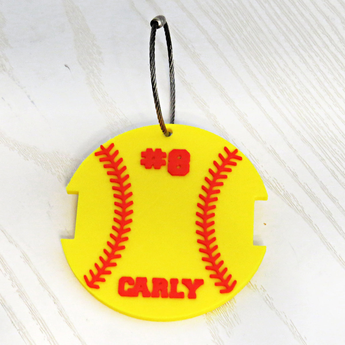 Personalized Softball Bag Tag with Hair Tie Holder — Custom Name & Number Keychain