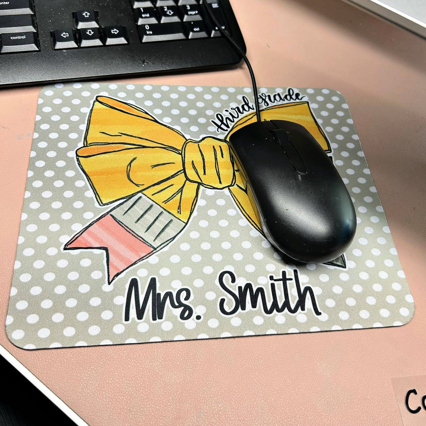 Personalized Mouse Pad Teacher Gift - Polka Dot Pencil Bow Mousepad Appreciation Thank you Present - Custom End of School Year