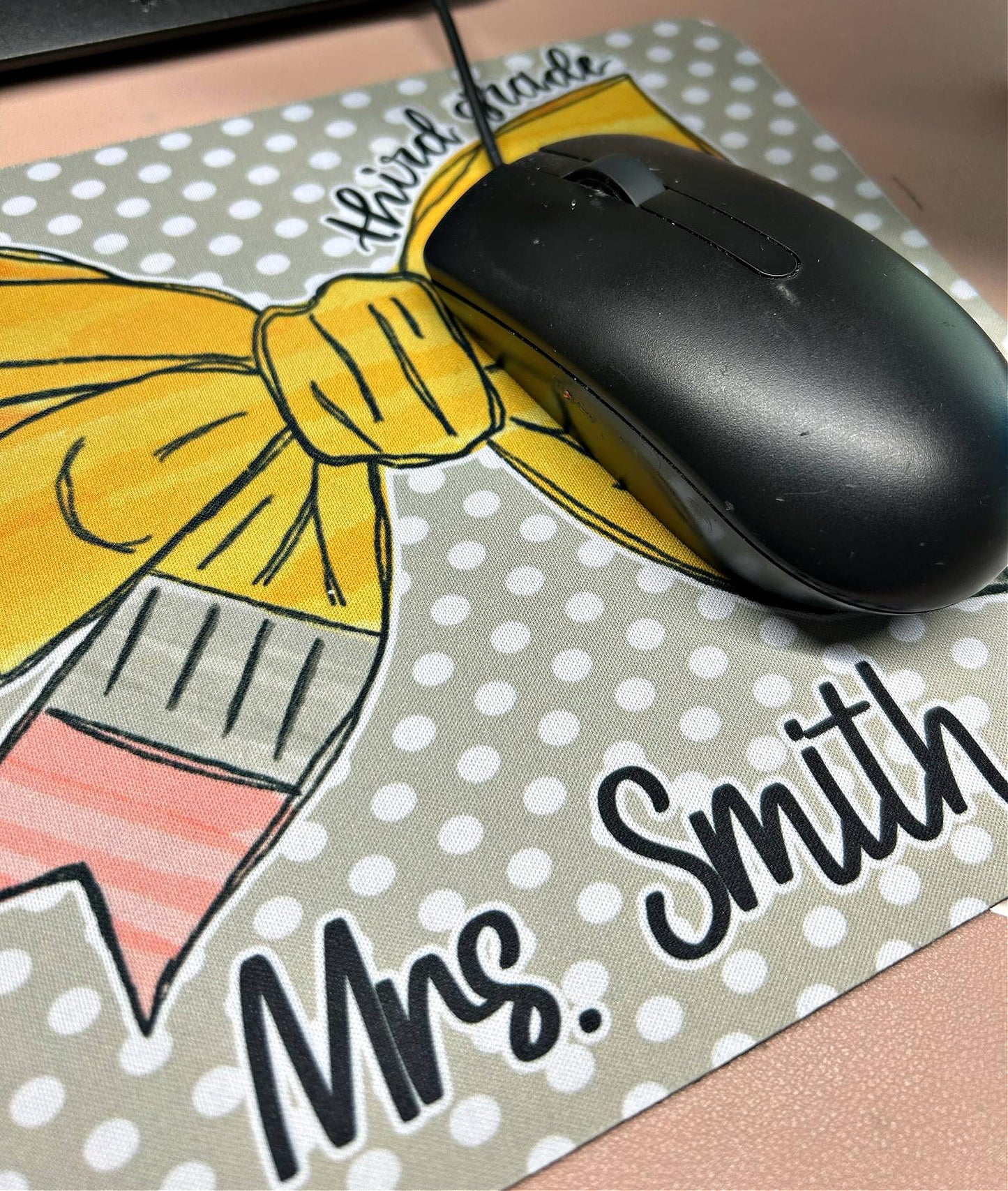Personalized Mouse Pad Teacher Gift - Polka Dot Pencil Bow Mousepad Appreciation Thank you Present - Custom End of School Year