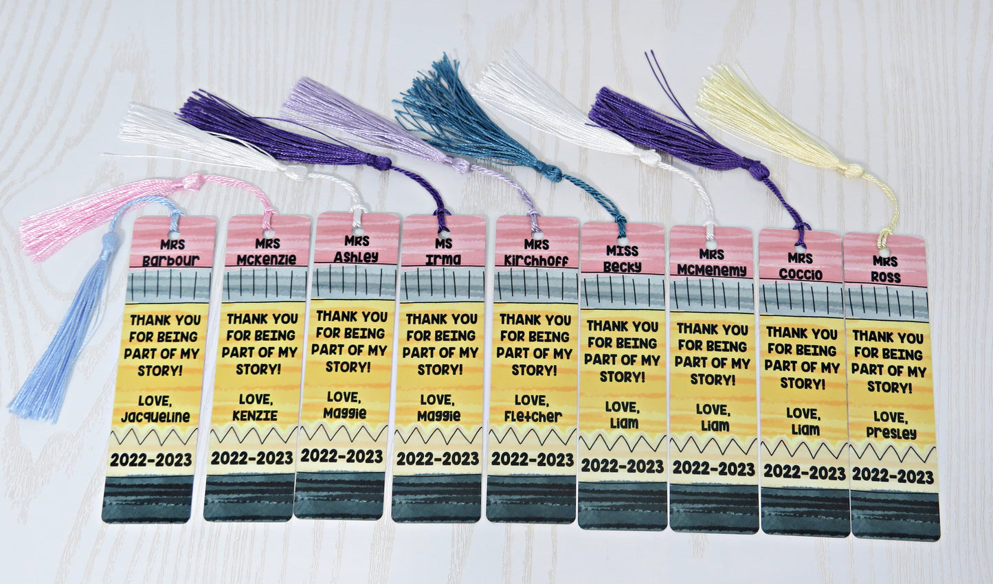 Personalized “Thank You for Being Part of My Story” Teacher Bookmark – Custom Name Pencil Design with Tassel