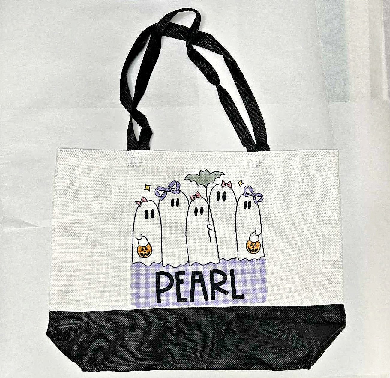 custom trick or treat bag with ghosts pumpkins purple plaid design and name