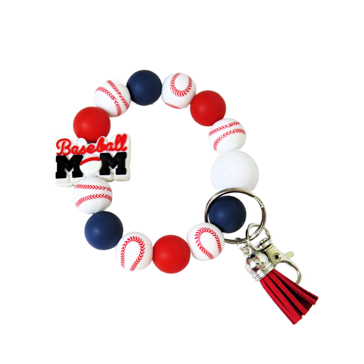 Baseball Mom Silicone Beaded Keychain Wristlet – Red Blue Game Day Bracelet with Tassel