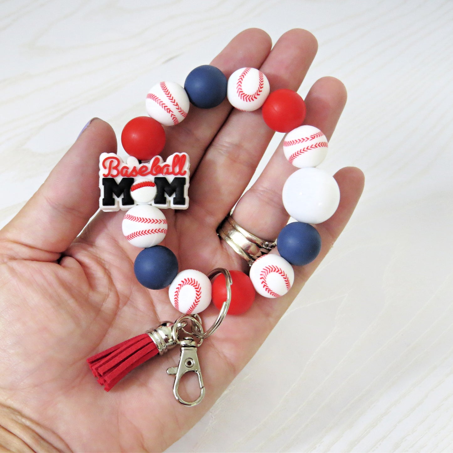 Baseball Mom Silicone Beaded Keychain Wristlet – Red Blue Game Day Bracelet with Tassel