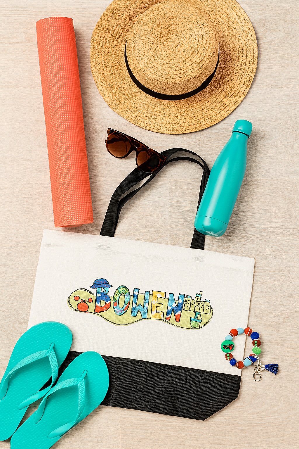 Bowen Beach Tote Bag – Oversized Canvas Summer Bag with Black Handles