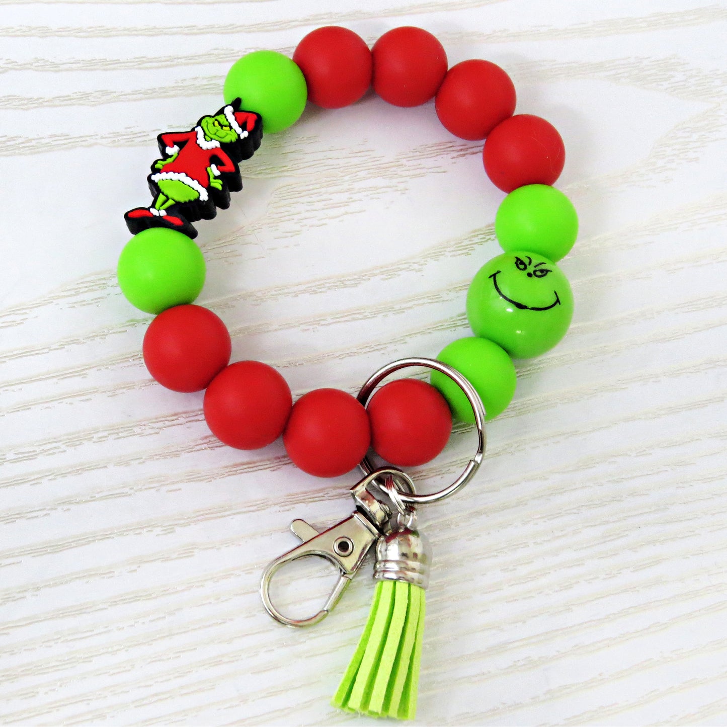 Christmas Beaded Wristlet Keychain – Red & Green Silicone Bracelet with Green Character Charm