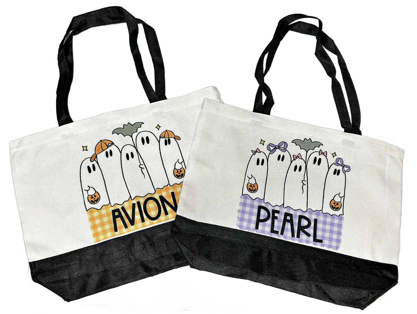 halloween tote bag personalized with name and cute ghost family design in orange checkered background