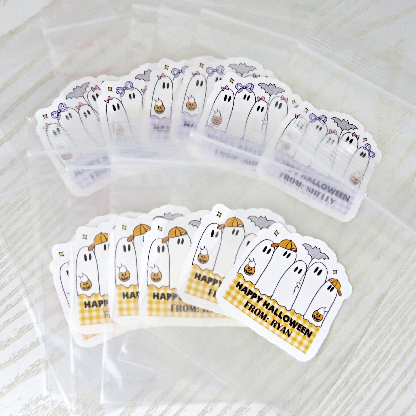 personalized happy halloween stickers with cute ghosts and pumpkins for kids party favors