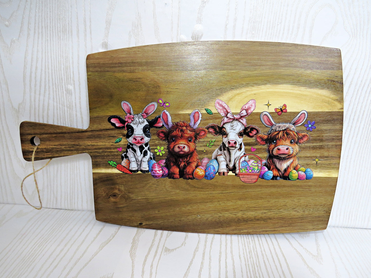 Easter Highland Cows Decorative Cutting Board for Kitchen with Handle - Wooden Décor Home - 17 x 10 inches