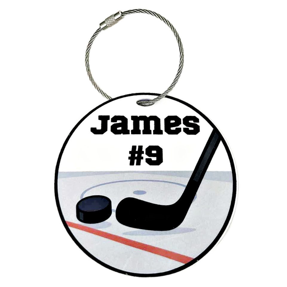Personalized Hockey Bag Tag with Name and Number – Stick and Puck Design