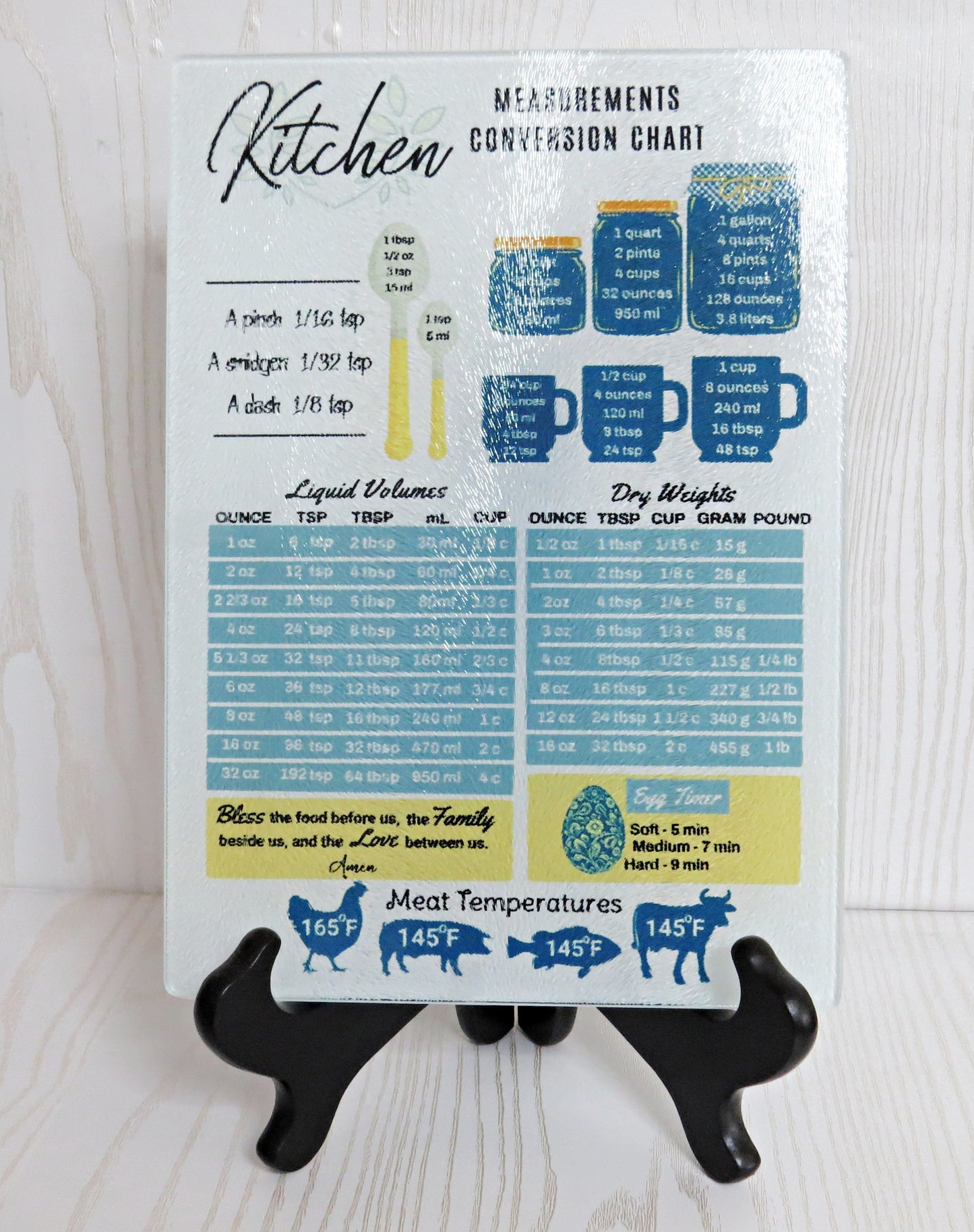 Kenzie's Boutique Handmade Kitchen Measurement Conversion Chart Glass Cutting Board with Liquid Volumes, Dry Weights, Meat Temperatures, Egg Timer – Baking Cooking Cheat Sheet Housewarming Gift Women