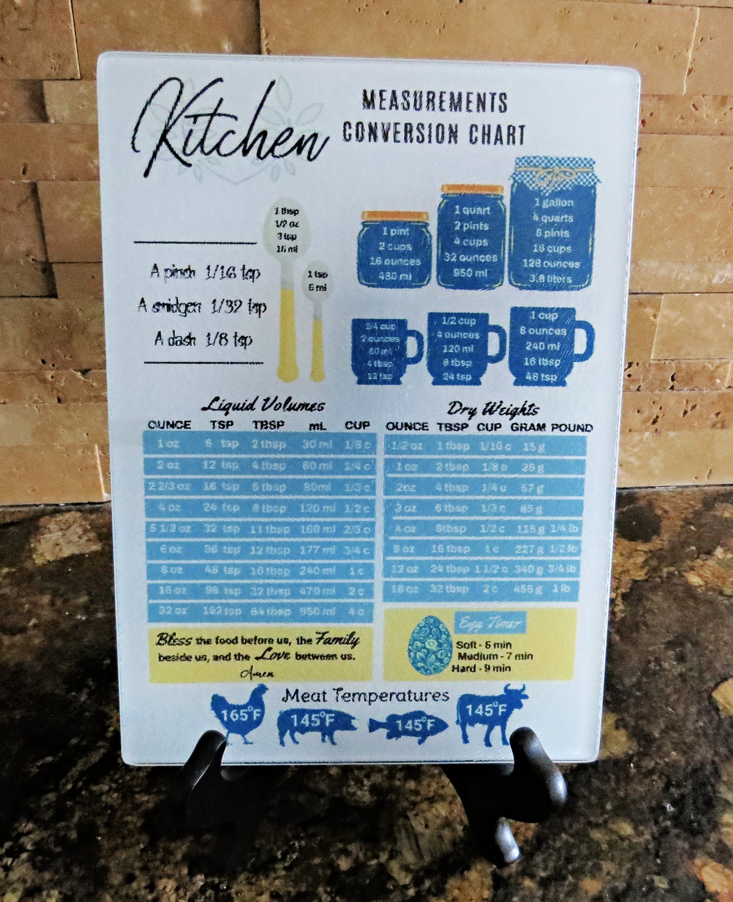 Kenzie's Boutique Handmade Kitchen Measurement Conversion Chart Glass Cutting Board with Liquid Volumes, Dry Weights, Meat Temperatures, Egg Timer – Baking Cooking Cheat Sheet Housewarming Gift Women