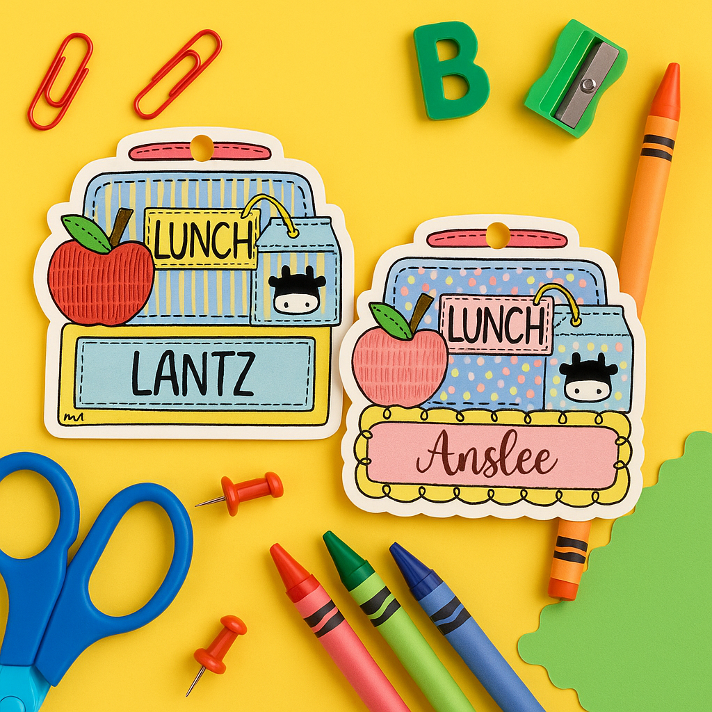 personalized-lunchbox-bag-tags-with-names-lantz-and-anslee-school-supplies-crayons-scissors-colorful-background