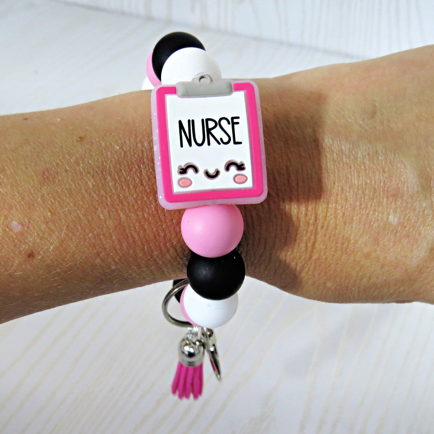 Nurse Heart Silicone Keychain Beaded Wristlet - Custom Color Car Key Ring Bracelet with Tassel - Handmade Gift for Nurse