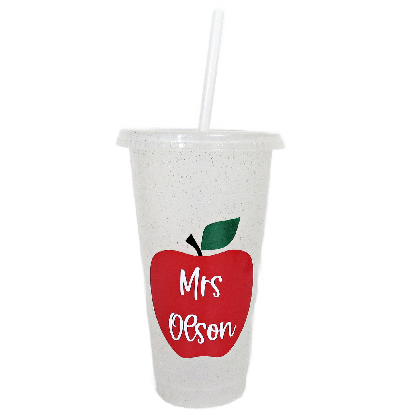 Teacher Gift for Women - Personalized Appreciation Apple 24 OZ Glitter Plastic Cup Iced Coffee Cup – Thank you Present with Vinyl Decals
