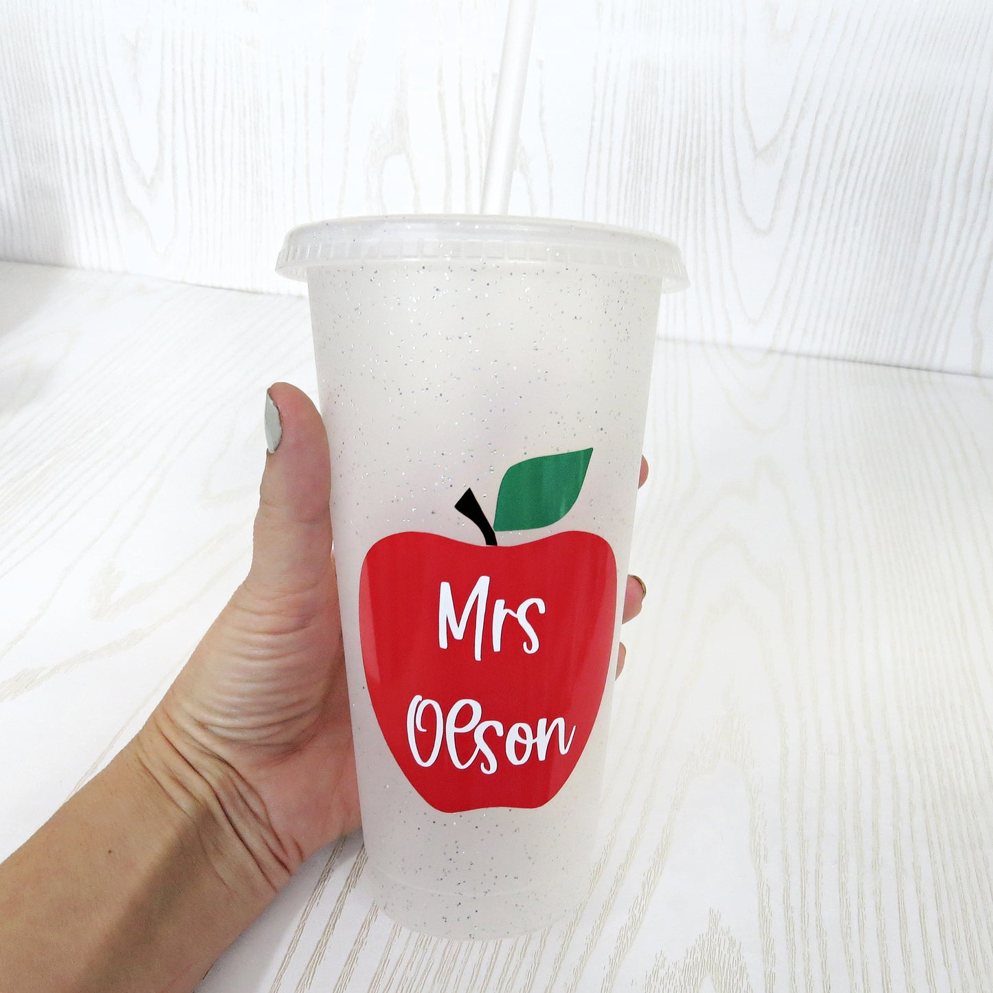 Apple Themed Teacher Gift Set - Personalized Bin, Tumbler & Notebook displayed on countertop