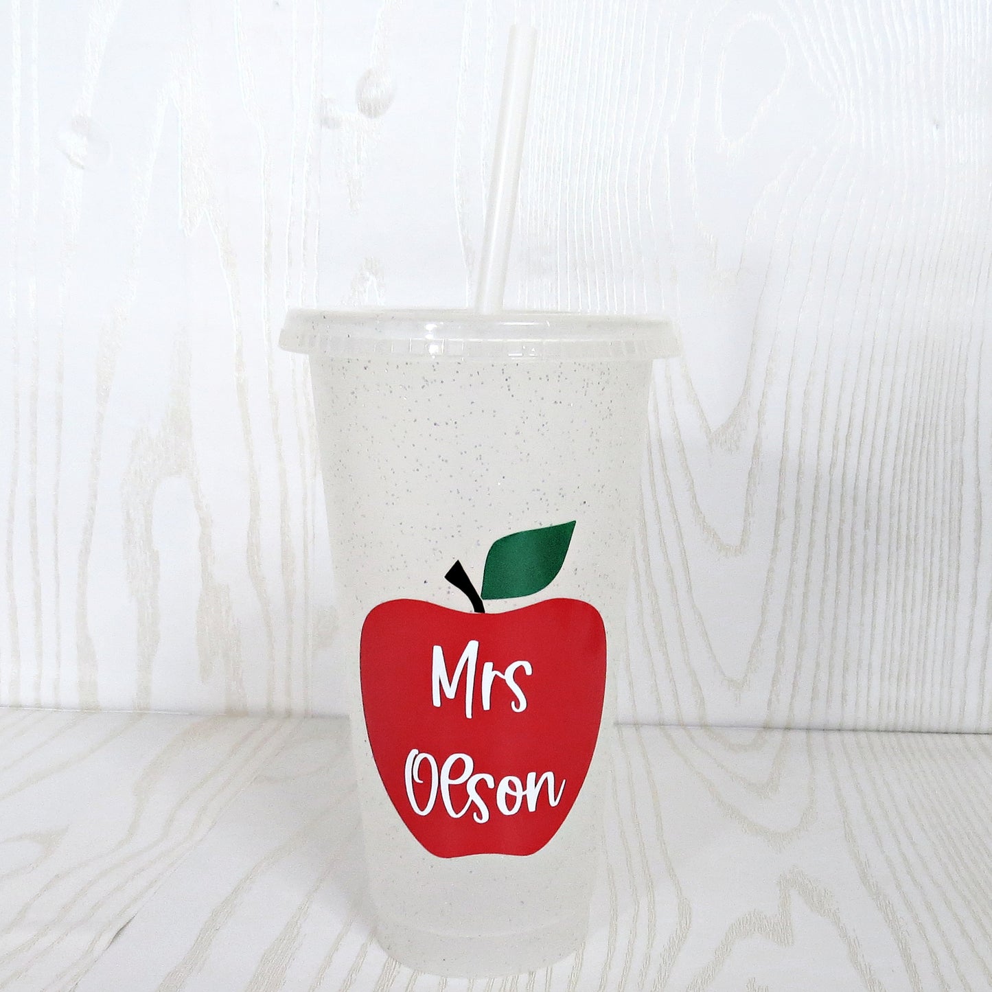 Teacher Gift for Women - Personalized Appreciation Apple 24 OZ Glitter Plastic Cup Iced Coffee Cup – Thank you Present with Vinyl Decals