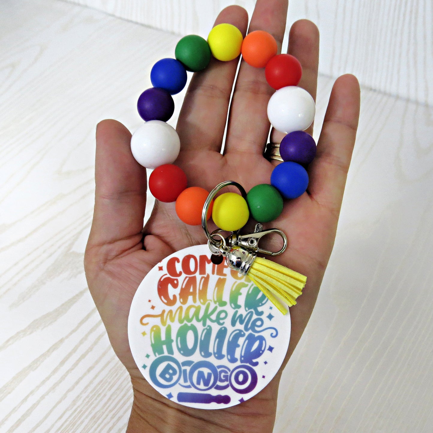 Bingo Wristlet Keychain – Funny Beaded Bracelet with Rainbow Bingo Charm