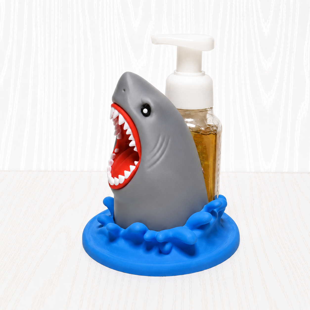 Shark Foaming Soap Bottle Holder – Cute 3D Printed Grey Shark Bursting from Ocean Wave Base – Bath and Body Works Foaming Soap Dispenser Stand – Kids Beach Nautical Bathroom Decor – Shark Lover Ocean Gift